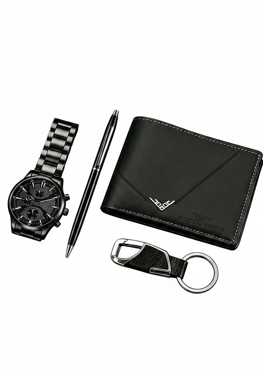 Conjunto de presente Saint Moritz com relógio de quartzo preto, carteira, caneta e chaveiro em design elegante.